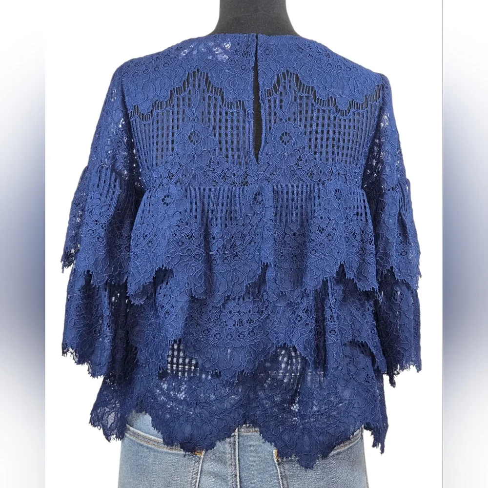 Elena Antoniades London Navy Blue Lace Tiered Blouse M | Floral Crochet Top